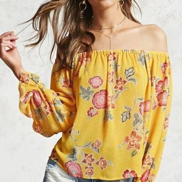 Womens Yellow Floral Off the Shoulder Sheer Top Blouse - Picture 1 of 10